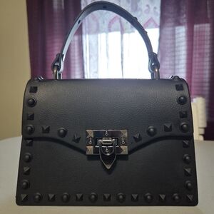 Boutique Black Studded Clutch Bag Top Handle Matte Hardware Mini Purse Edge Chic